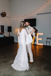 Photo of a couple dancing at their wedding.